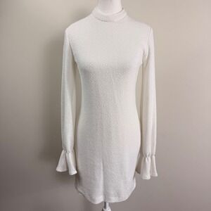 Amanda Uprichard Textured Mock Neck Mini Dress with Ruffle Cuffs Long Sleeve Sml